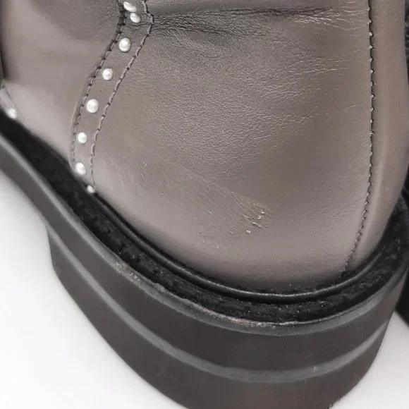 Stuart Weitzman Gray Jesse Lift Pearl Studded Leather Combat Boots SZ 7.5